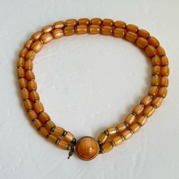 Trifari Moonglow Necklace Multi-Strand Beaded Vintage Crown Peach Orange Lucite - Picture 3 of 10